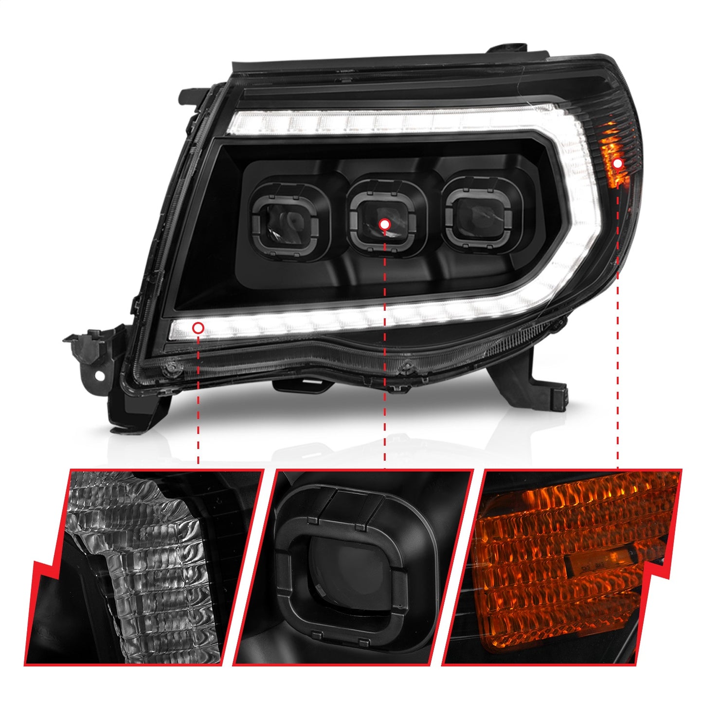 Anzo USA | LED Projector Headlight Clear Lens Black Housing w/Light Bar Switchback Sequential w/Initiation Light Pair | Fits Tacoma | 111581