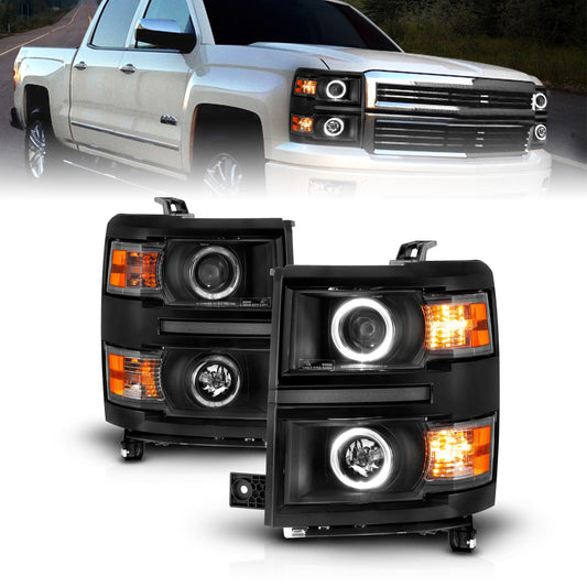 Anzo USA | Projector Headlight Set w/Halo Clear Lens Black Housing w/Black Trim Pair | Fits Silverado 1500 | 111583