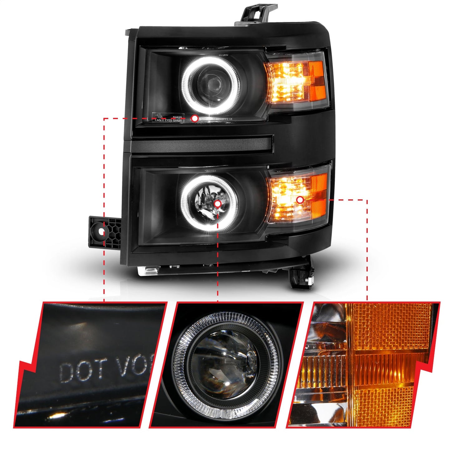 Anzo USA | Projector Headlight Set w/Halo Clear Lens Black Housing w/Black Trim Pair | Fits Silverado 1500 | 111583