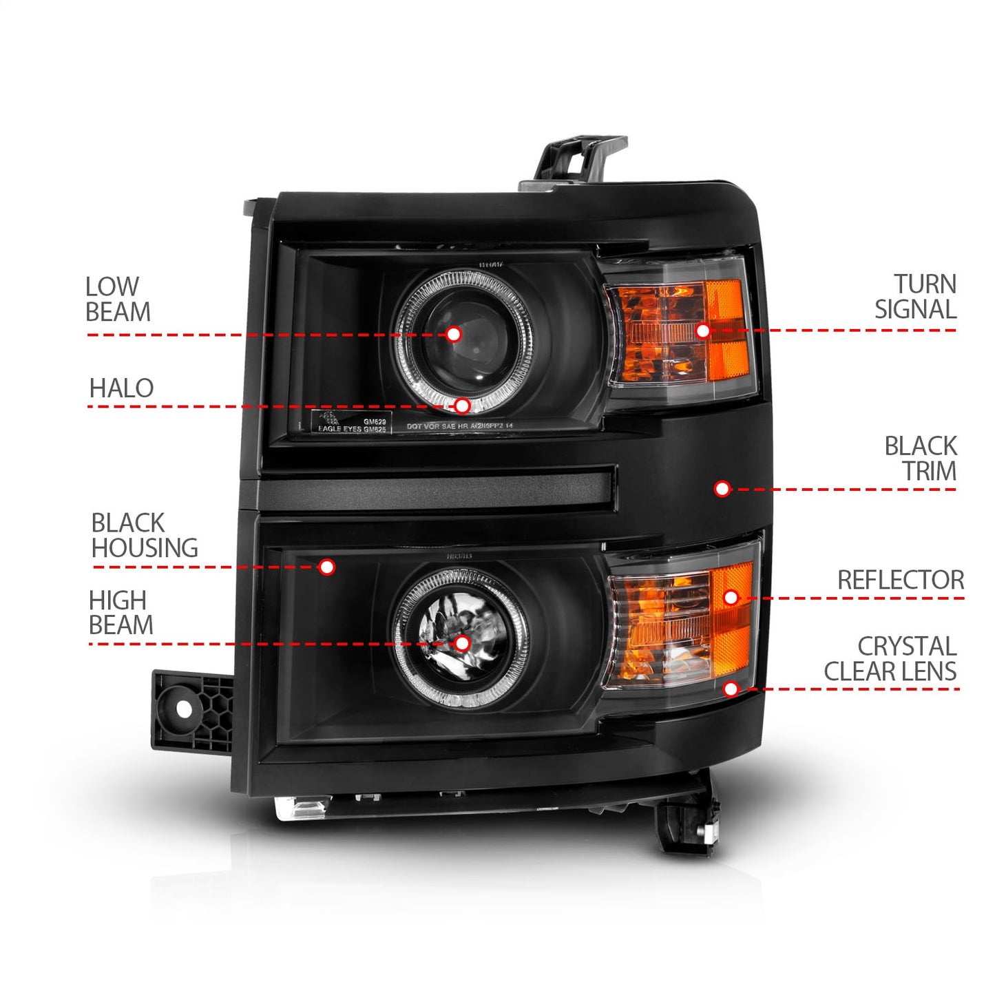 Anzo USA | Projector Headlight Set w/Halo Clear Lens Black Housing w/Black Trim Pair | Fits Silverado 1500 | 111583