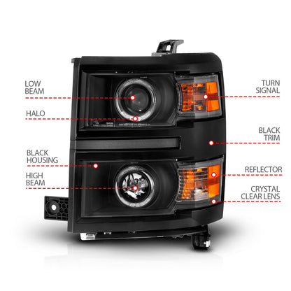 Anzo USA | Projector Headlight Set w/Halo Clear Lens Black Housing w/Black Trim Pair | Fits Silverado 1500 | 111583