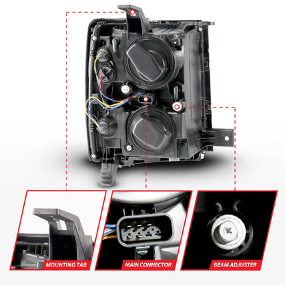Anzo USA | Projector Headlight Set w/Halo Clear Lens Black Housing w/Black Trim Pair | Fits Silverado 1500 | 111583