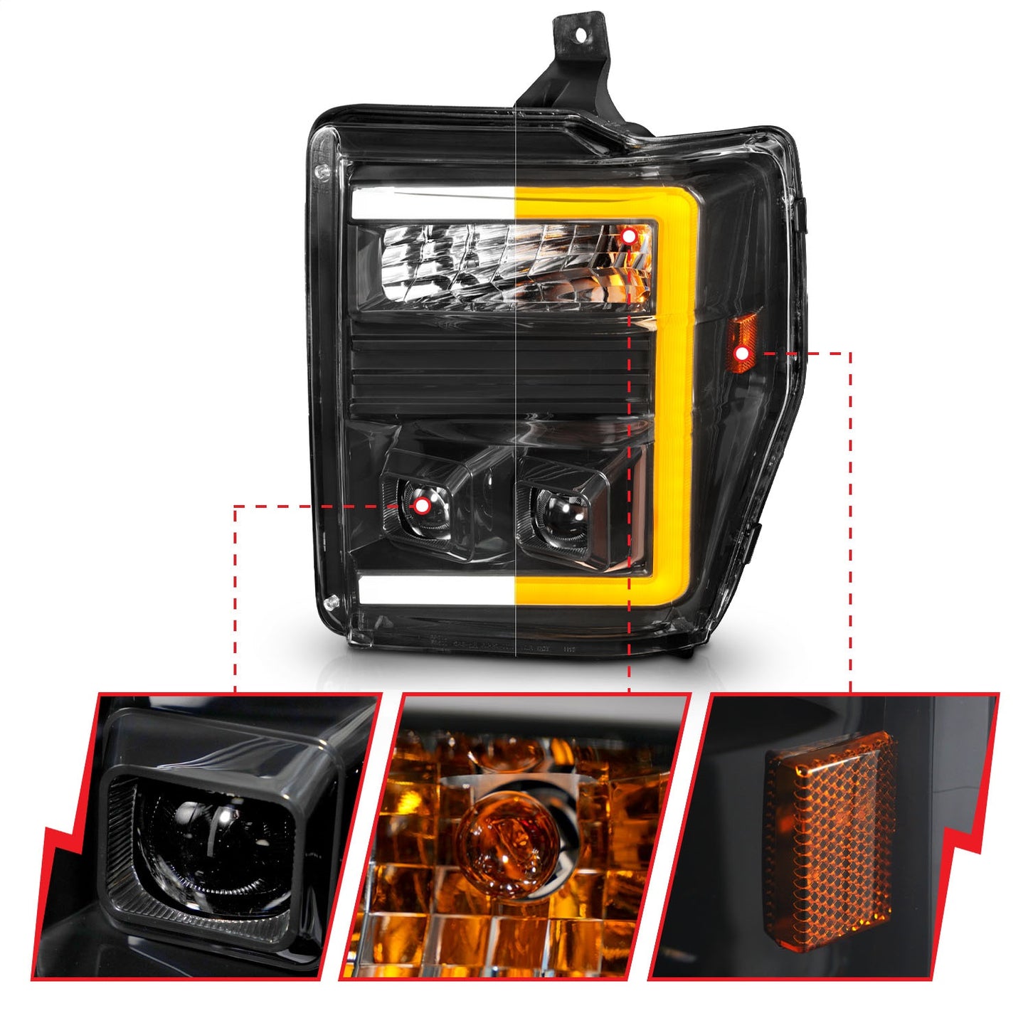 Anzo USA | Projector Headlight Set  Clear Lens  Black Housing  w/Light Bar Switchback  Pair  |  Fits F-250 Super Duty | 111586