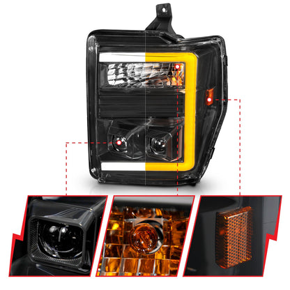 Anzo USA | Projector Headlight Set  Clear Lens  Black Housing  w/Light Bar Switchback  Pair  |  Fits F-250 Super Duty | 111586