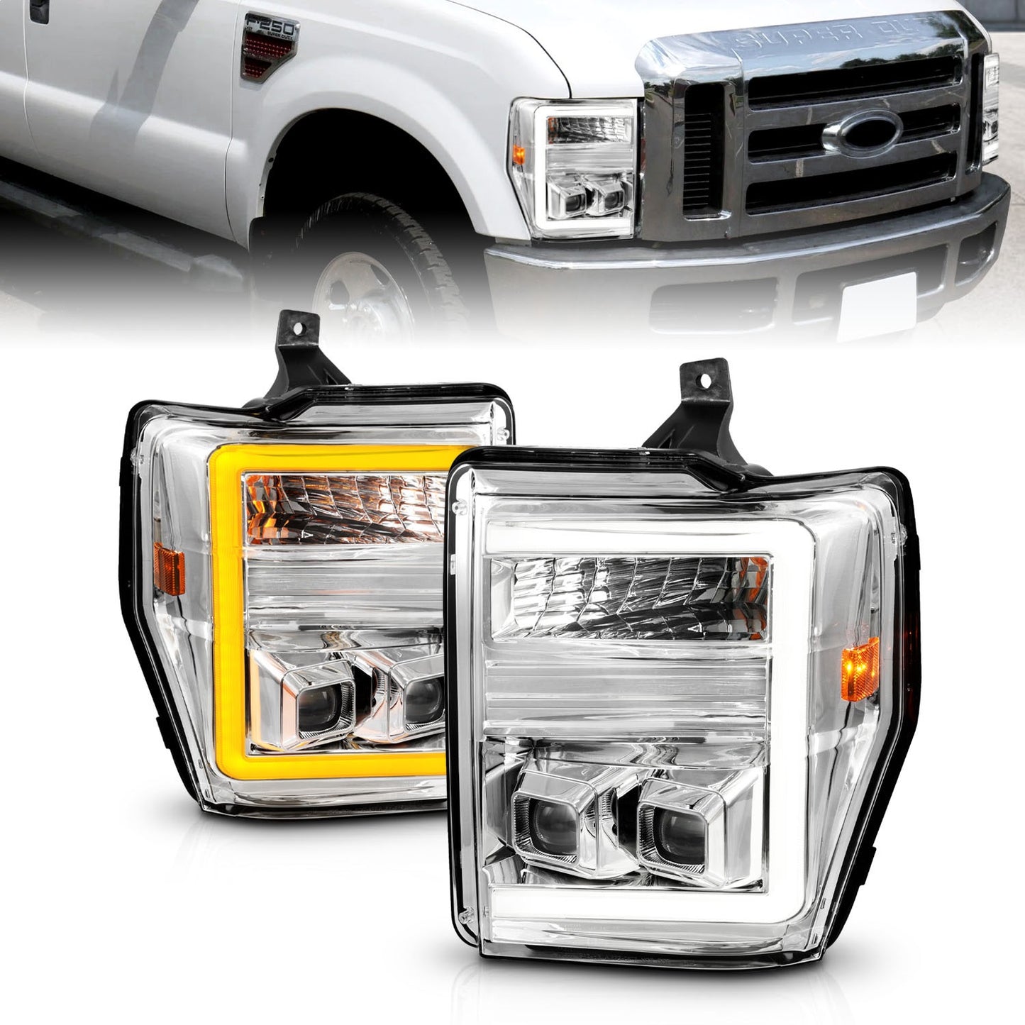 Anzo USA | Projector Headlight Set  Clear Lens  Chrome Housing  w/Light Bar Switchback  Pair  |  Fits F-250 Super Duty | 111587