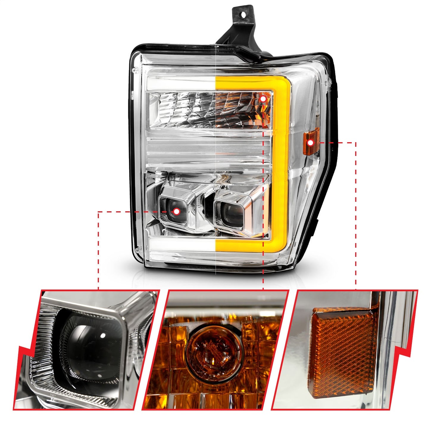 Anzo USA | Projector Headlight Set  Clear Lens  Chrome Housing  w/Light Bar Switchback  Pair  |  Fits F-250 Super Duty | 111587