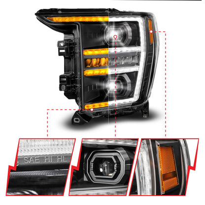 Anzo USA | LED Projector Headlight Black Housing Full LED Trio Projector Switchback Bar/Sequential Turn Signal w/DRL and Initiation Feature Driver Side | Fits F-150 | 111594-L
