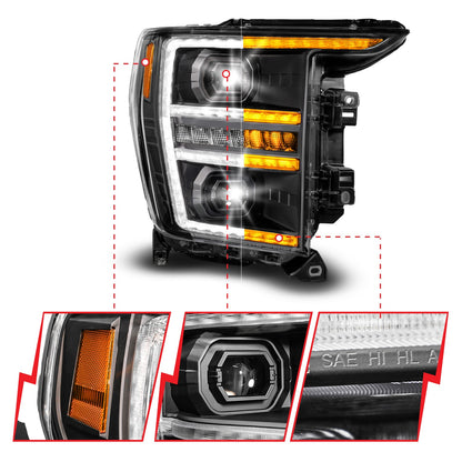 Anzo USA | LED Projector Headlight Black Housing Full LED Trio Projector Switchback Bar/Sequential Turn Signal w/DRL and Initiation Feature Passenger Side | Fits F-150 | 111594-R