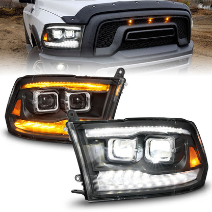Anzo USA | LED Projector Headlight LED Square Dual Square Projector w/Light Bar Switchback Black Housing | Fits Ram 1500 | 111595
