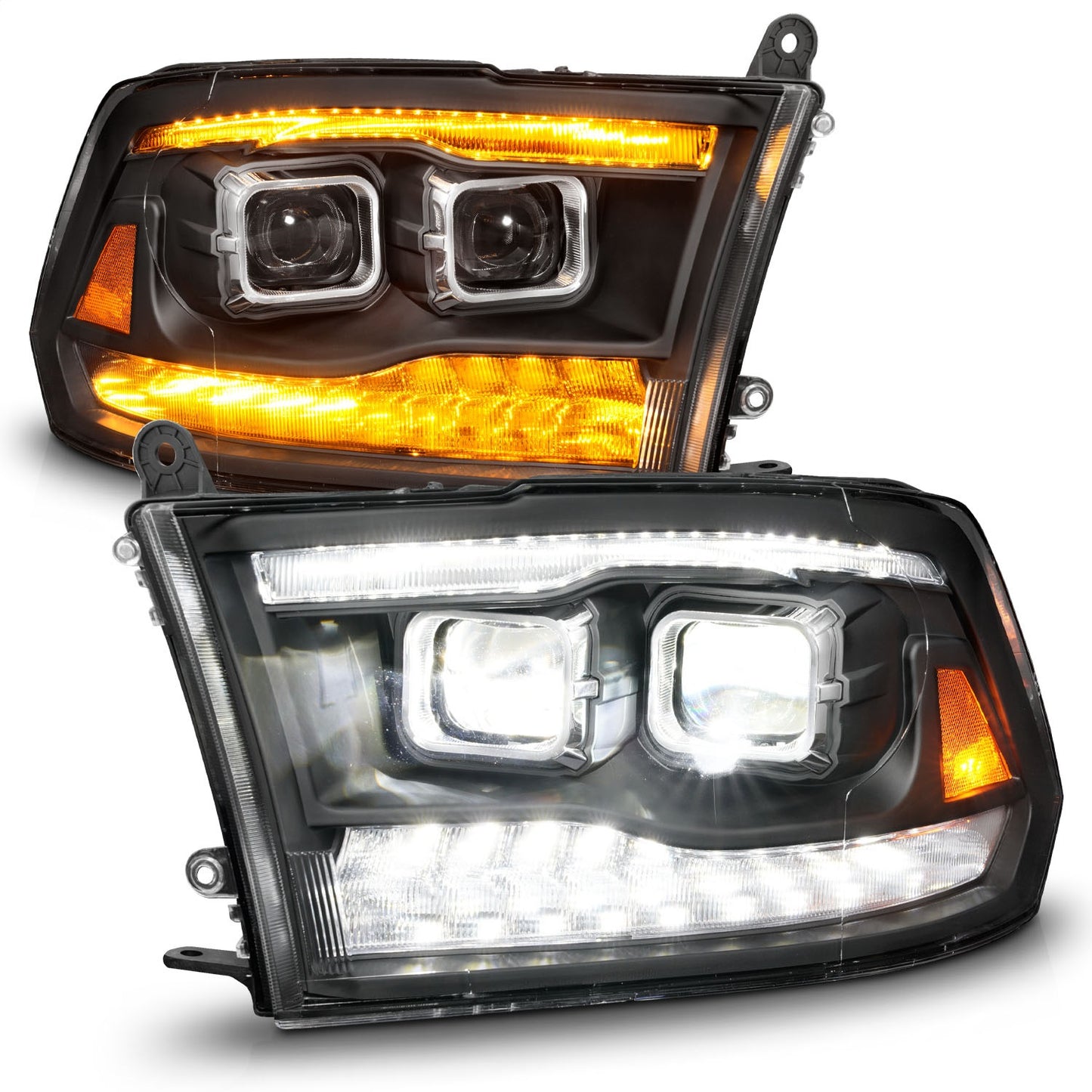Anzo USA | LED Projector Headlight LED Square Dual Square Projector w/Light Bar Switchback Black Housing | Fits Ram 1500 | 111595