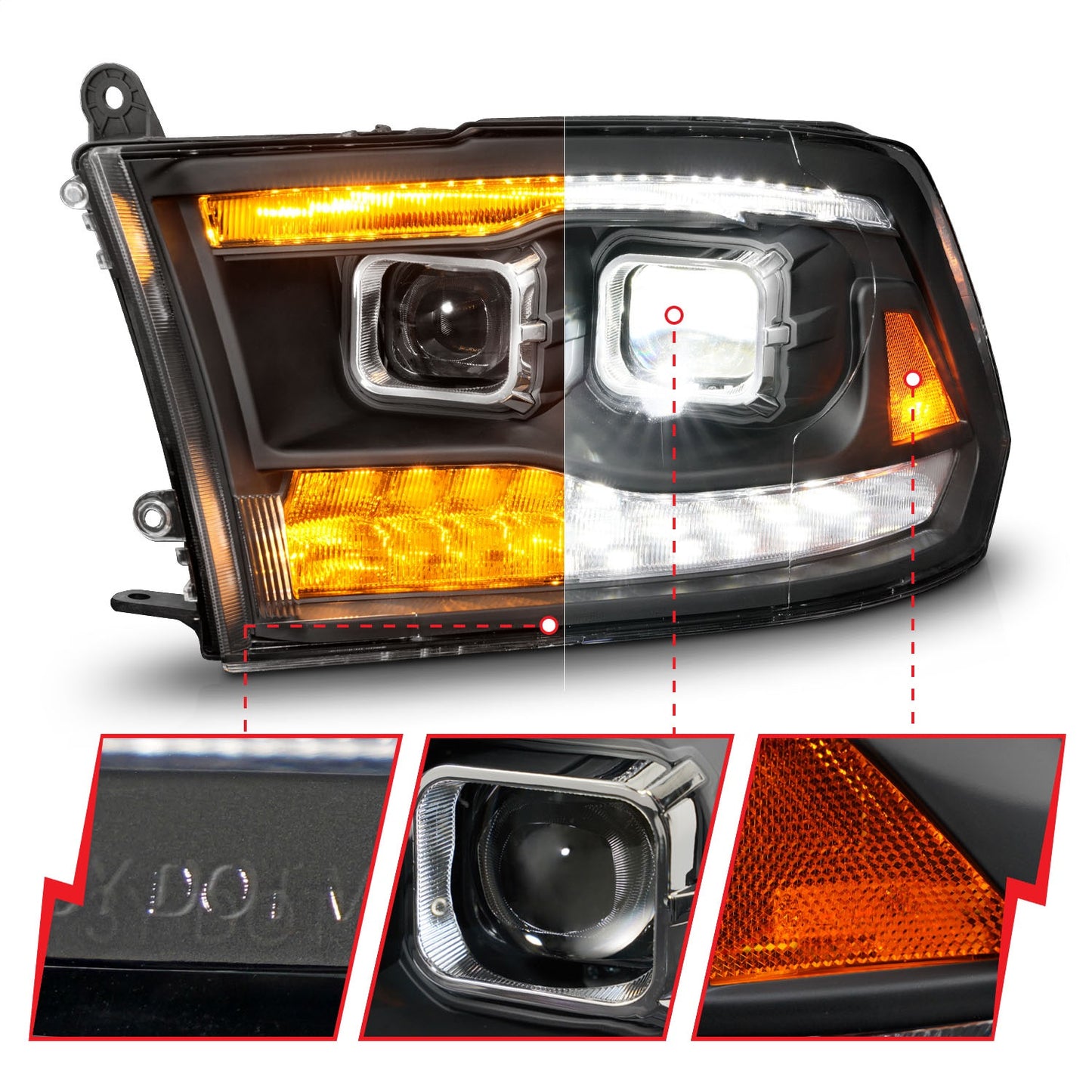Anzo USA | LED Projector Headlight LED Square Dual Square Projector w/Light Bar Switchback Black Housing | Fits Ram 1500 | 111595