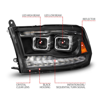 Anzo USA | LED Projector Headlight LED Square Dual Square Projector w/Light Bar Switchback Black Housing | Fits Ram 1500 | 111595