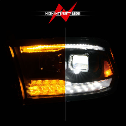 Anzo USA | LED Projector Headlight LED Square Dual Square Projector w/Light Bar Switchback Black Housing | Fits Ram 1500 | 111595
