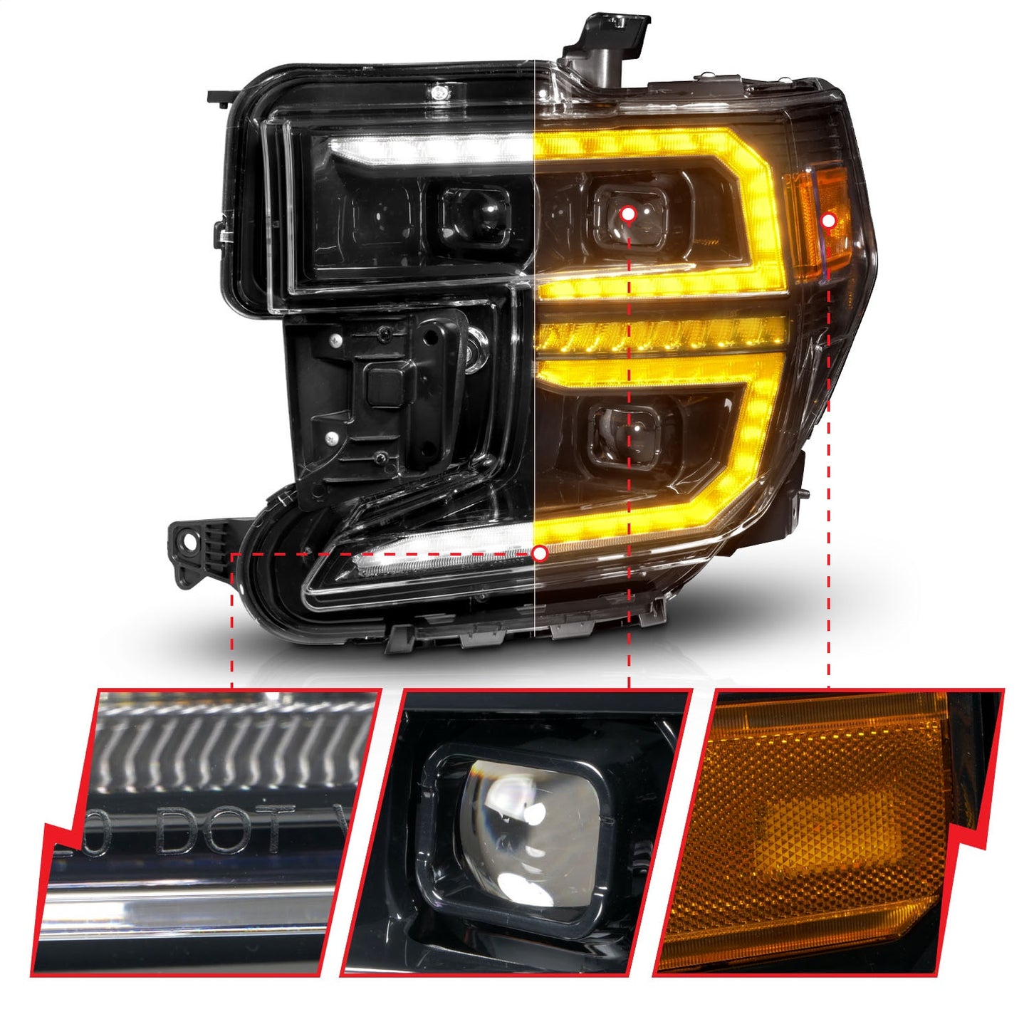 Anzo USA | LED Projector Headlight Black Housing Full LED Trio Projector Switchback Bar w/DRL And Initiation Feature | Fits Sierra 1500 | 111600
