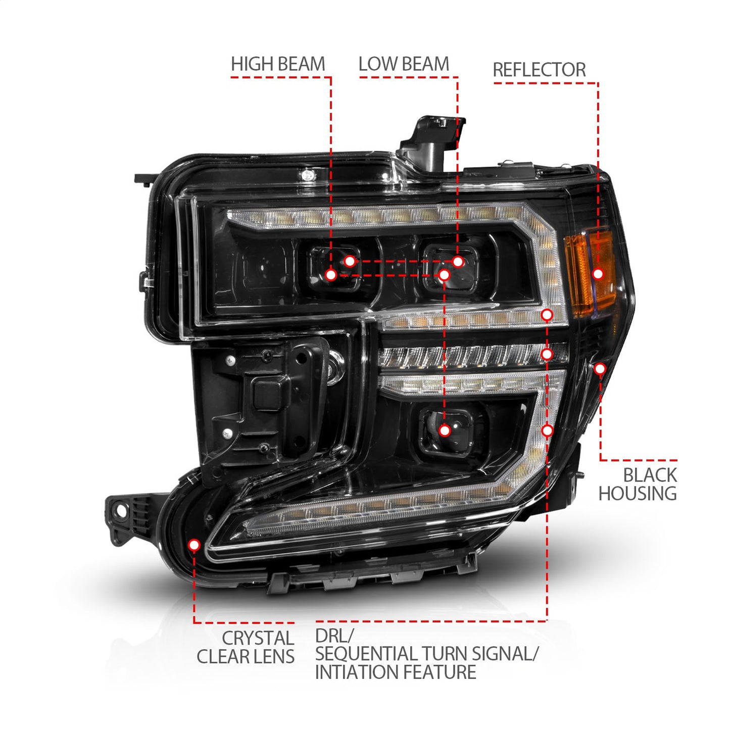 Anzo USA | LED Projector Headlight Black Housing Full LED Trio Projector Switchback Bar w/DRL And Initiation Feature | Fits Sierra 1500 | 111600