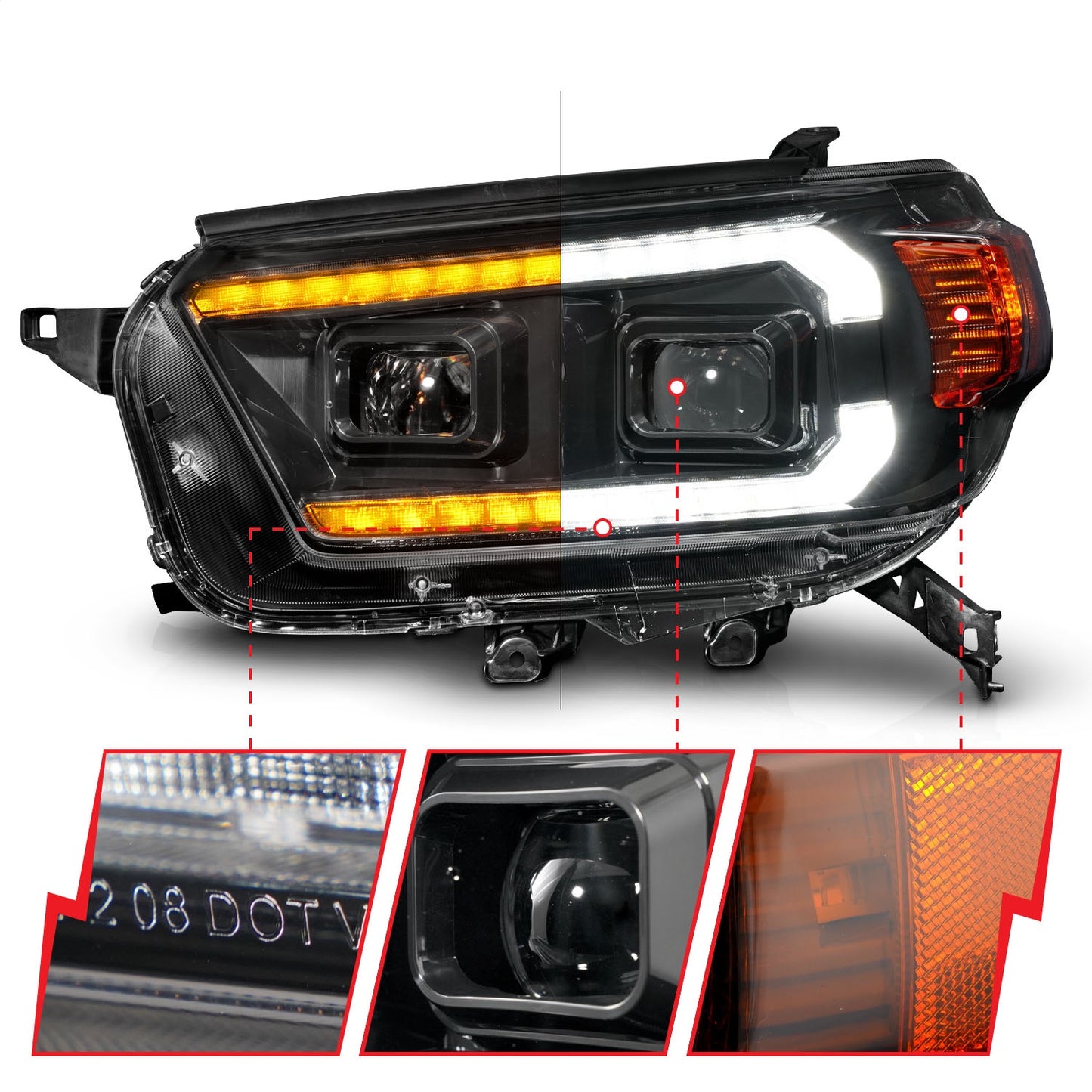 Anzo USA | Projector Headlight Set w/Switchback Black Housing w/Plank Style Design w/DRL | Fits 4Runner | 111602
