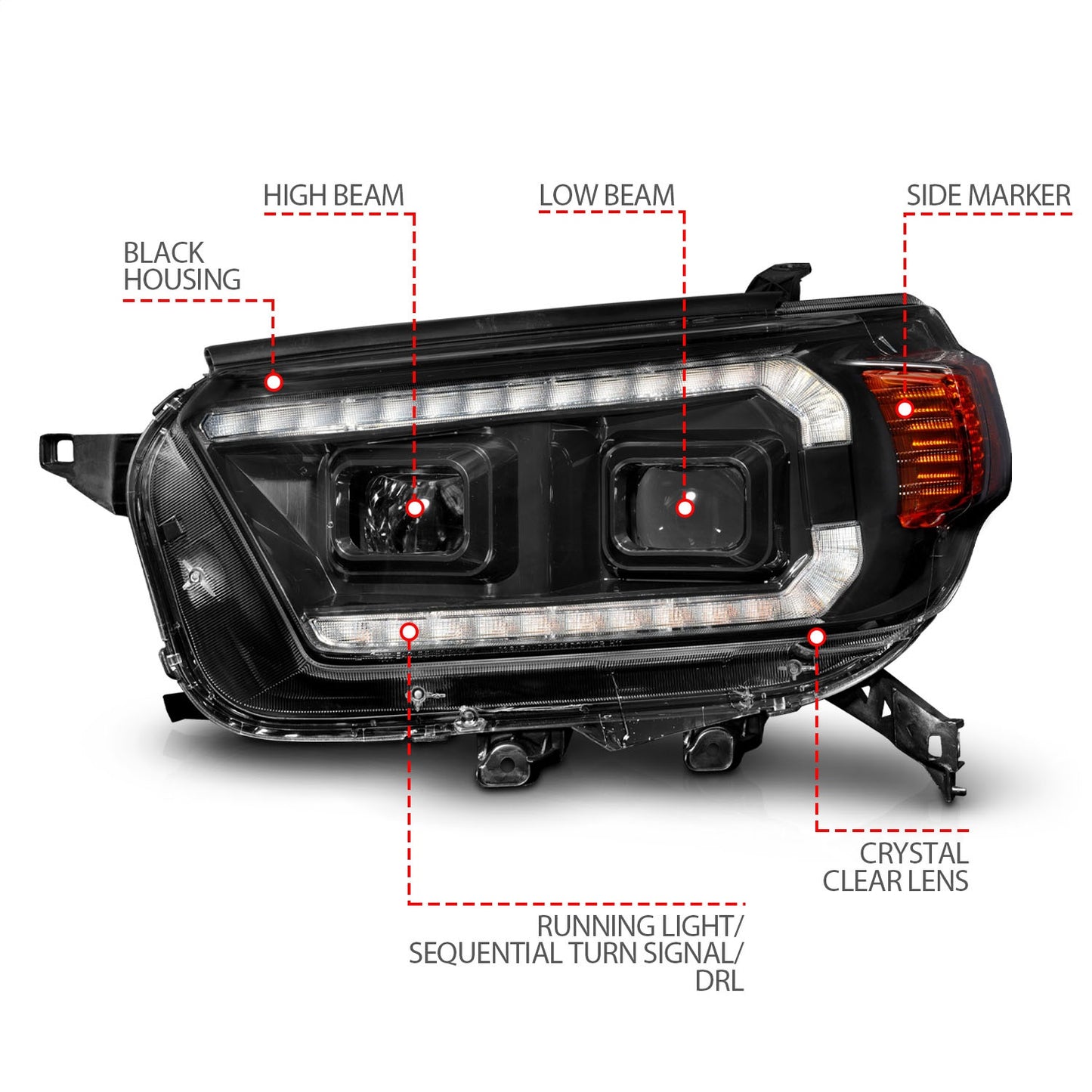 Anzo USA | Projector Headlight Set w/Switchback Black Housing w/Plank Style Design w/DRL | Fits 4Runner | 111602