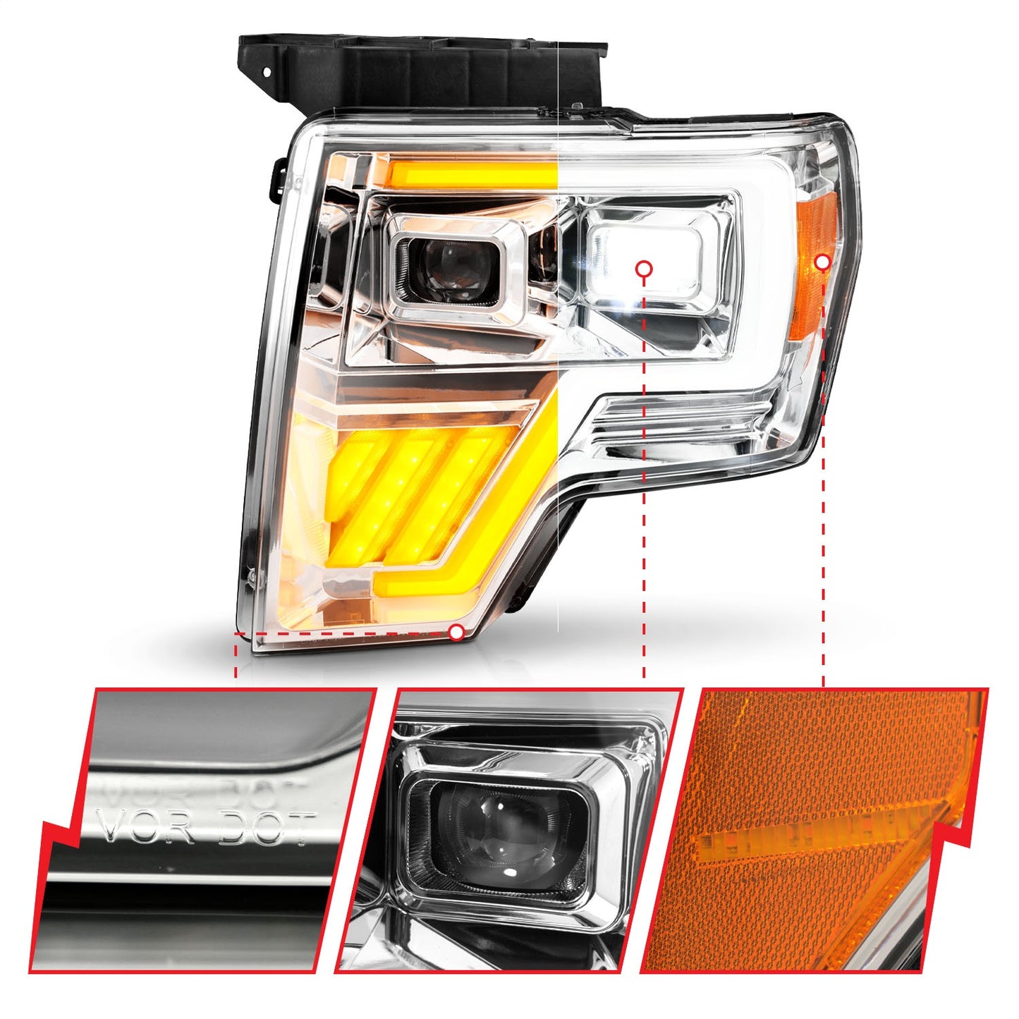 Anzo USA | LED Projector Headlight LED Projector Chrome Headlights w/ Sequential Signal | Fits F-150 | 111607