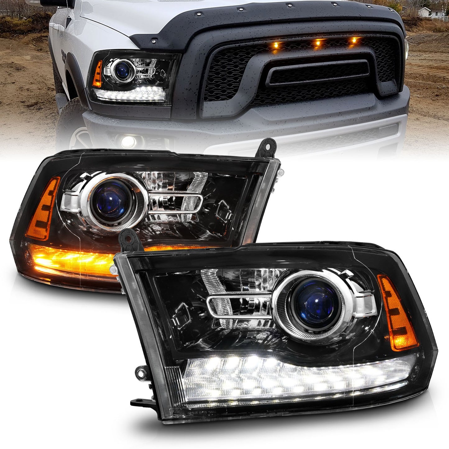 Anzo USA | Projector Headlight Set LED w/Plank Style Switchback w/Sequential Hyper Black Oe Style Pair | Fits Ram 1500 | 111608