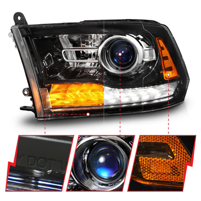 Anzo USA | Projector Headlight Set LED w/Plank Style Switchback w/Sequential Hyper Black Oe Style Pair | Fits Ram 1500 | 111608
