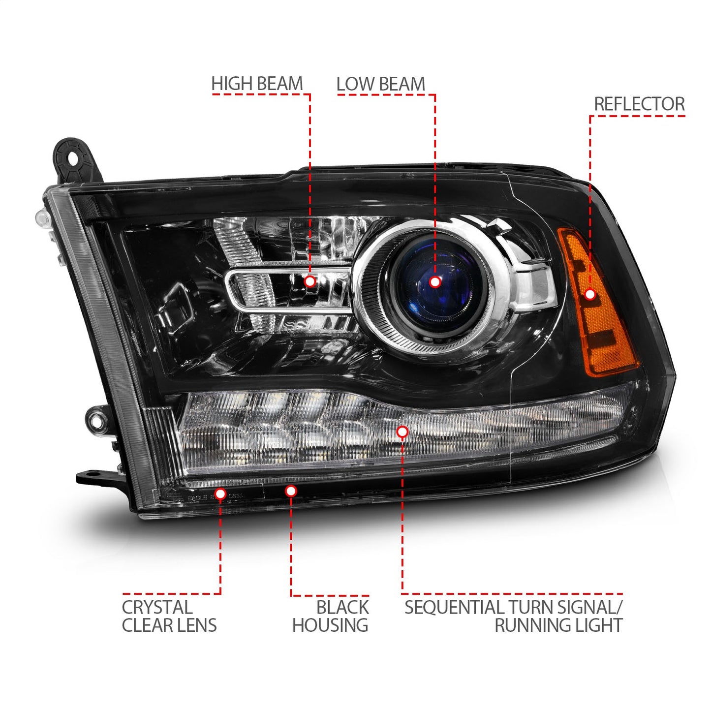 Anzo USA | Projector Headlight Set LED w/Plank Style Switchback w/Sequential Hyper Black Oe Style Pair | Fits Ram 1500 | 111608