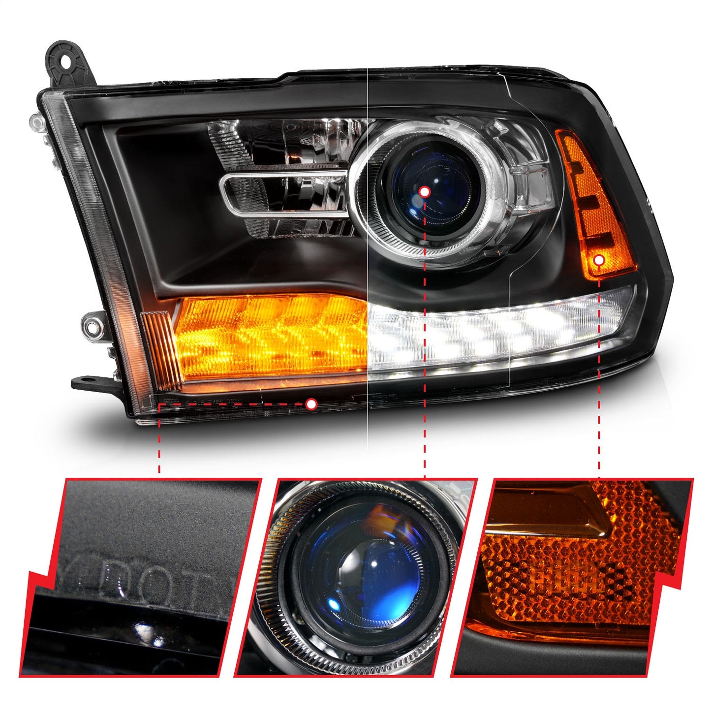 Anzo USA | Projector Headlight Set LED w/Plank Style Switchback w/Sequential Matte Black Oe Style Pair | Fits Ram 1500 | 111609