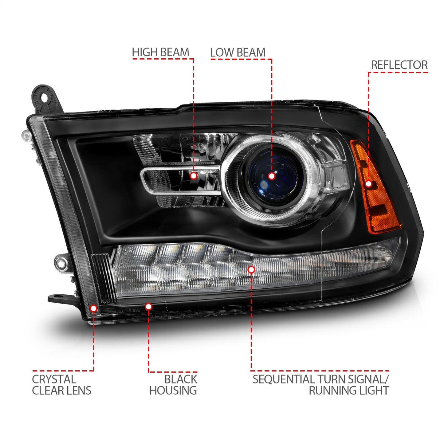 Anzo USA | Projector Headlight Set LED w/Plank Style Switchback w/Sequential Matte Black Oe Style Pair | Fits Ram 1500 | 111609
