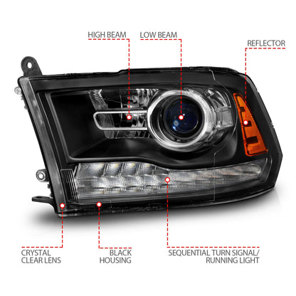 Anzo USA | Projector Headlight Set LED w/Plank Style Switchback w/Sequential Matte Black Oe Style Pair | Fits Ram 1500 | 111609