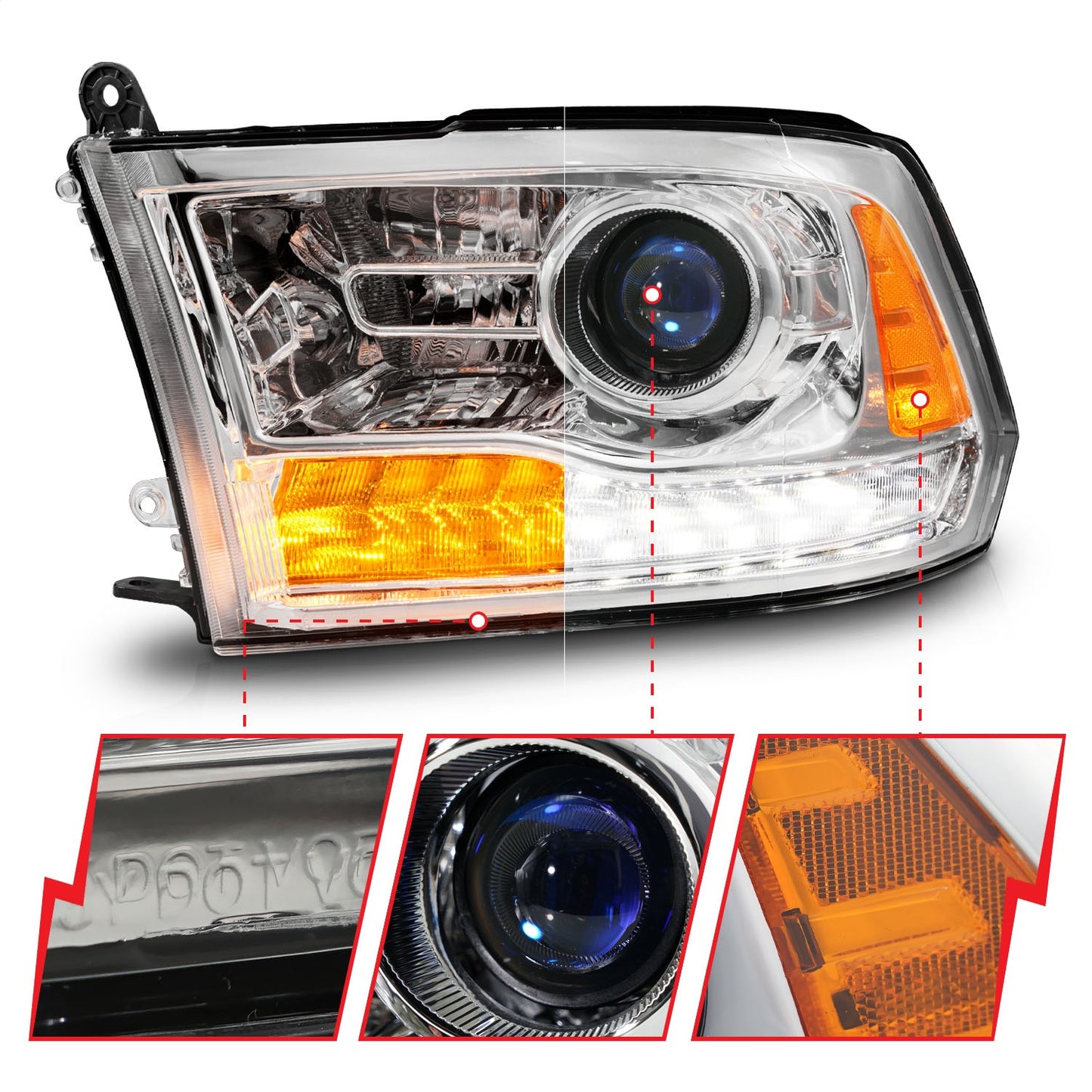 Anzo USA | Projector Headlight Set LED w/Plank Style Switchback w/Sequential Chrome Oe Style Pair | Fits Ram 1500 | 111610