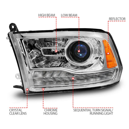 Anzo USA | Projector Headlight Set LED w/Plank Style Switchback w/Sequential Chrome Oe Style Pair | Fits Ram 1500 | 111610