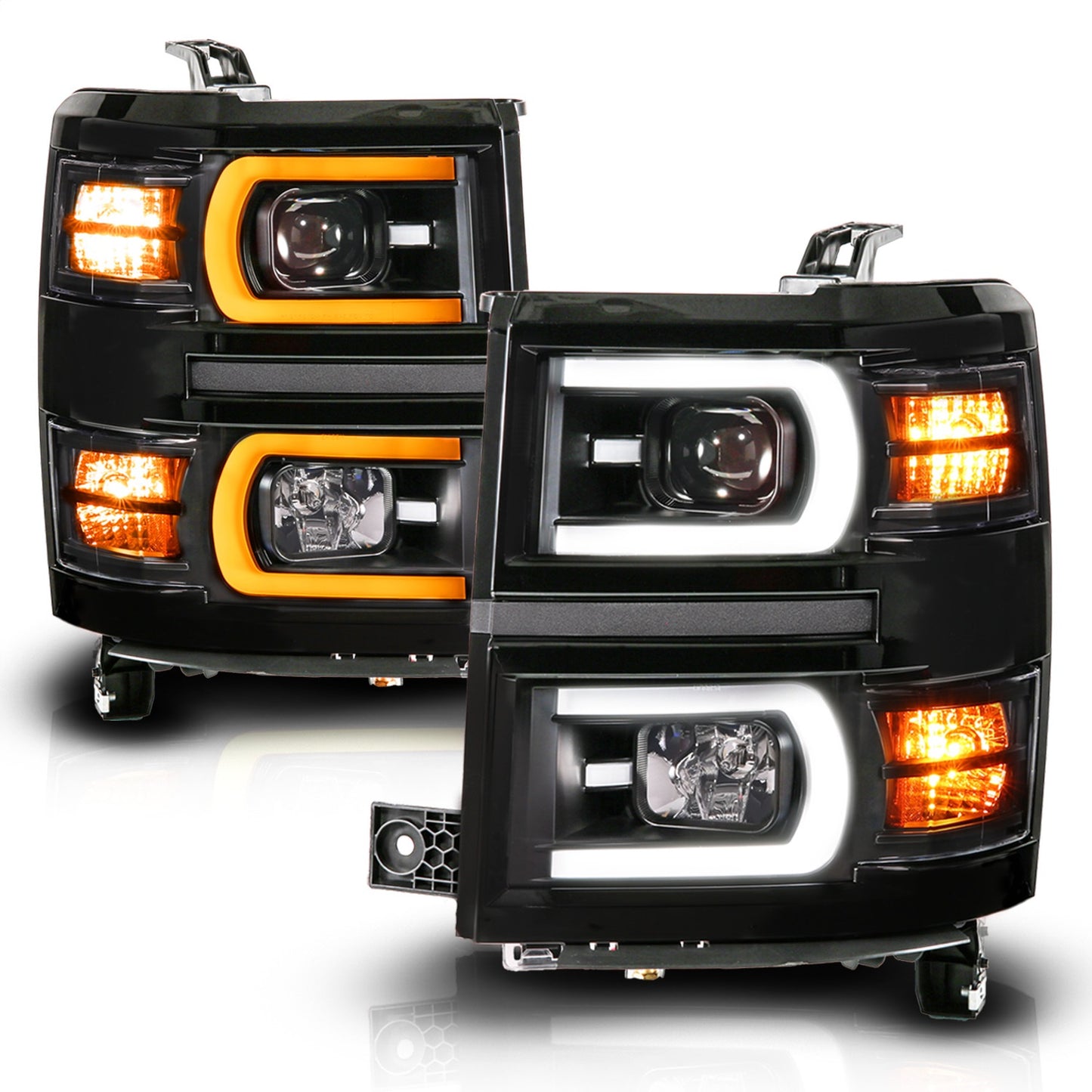 Anzo USA | LED Projector Headlight Black Housing Dual Switchback Tube Square | Fits Silverado 1500 | 111617