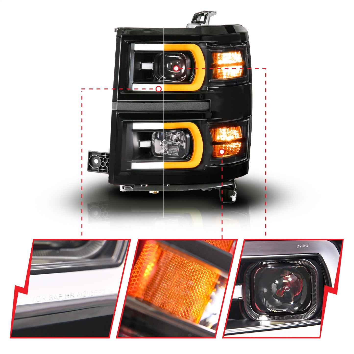Anzo USA | LED Projector Headlight Black Housing Dual Switchback Tube Square | Fits Silverado 1500 | 111617