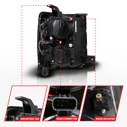 Anzo USA | LED Projector Headlight Black Housing Dual Switchback Tube Square | Fits Silverado 1500 | 111617