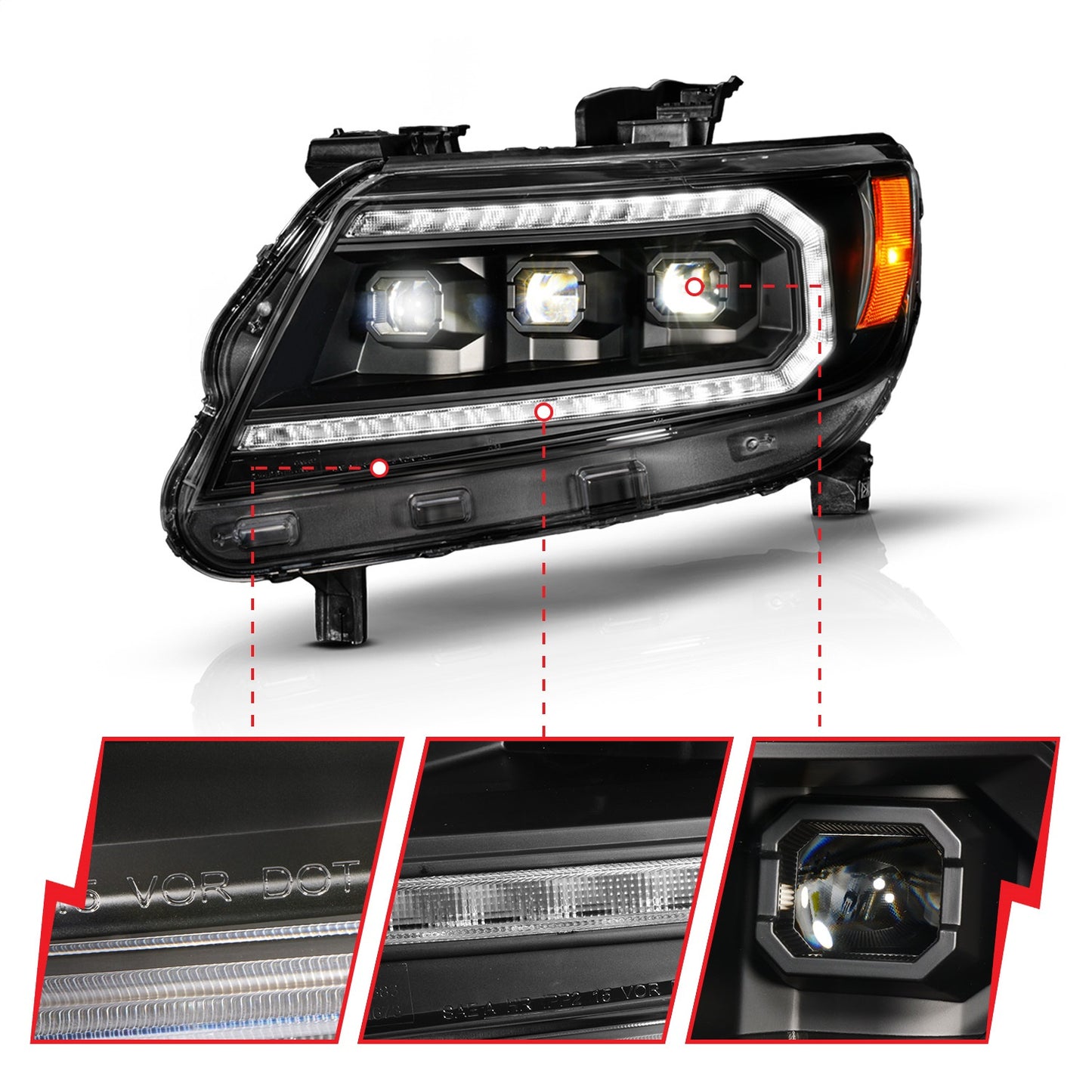 Anzo USA | LED Projector Headlight Black Housing Headlight w/Sequential Switchback Light Bar and Initiation Feature | Fits Colorado | 111634