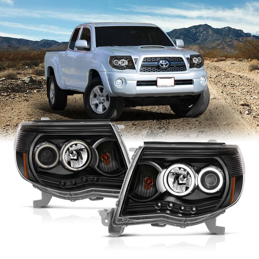Anzo USA | Projector Headlight Set w/Halo Clear Lens Black Housing Pair | Fits Tacoma | 121282