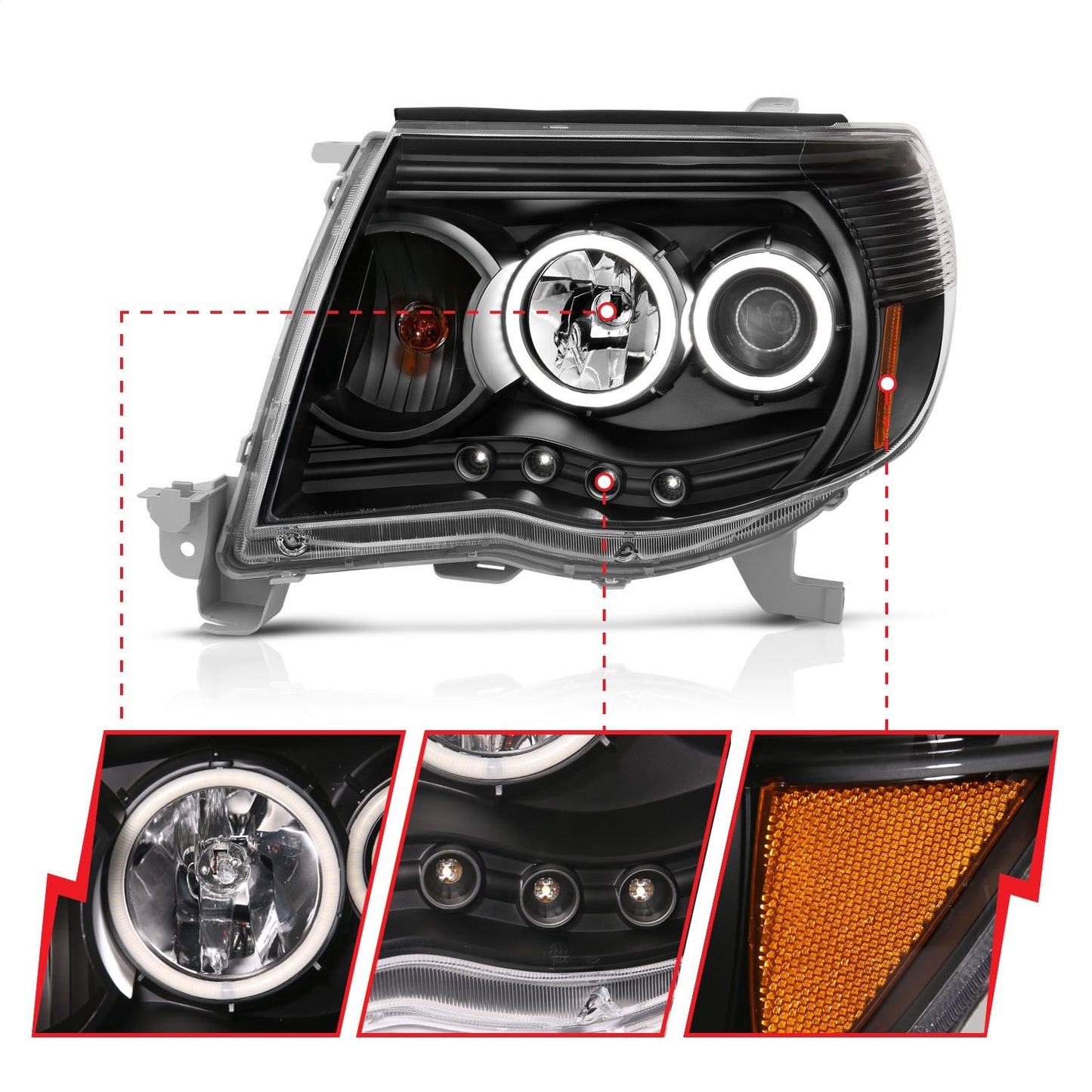 Anzo USA | Projector Headlight Set w/Halo Clear Lens Black Housing Pair | Fits Tacoma | 121282