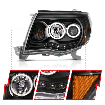 Anzo USA | Projector Headlight Set w/Halo Clear Lens Black Housing Pair | Fits Tacoma | 121282