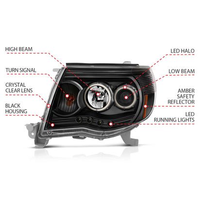 Anzo USA | Projector Headlight Set w/Halo Clear Lens Black Housing Pair | Fits Tacoma | 121282