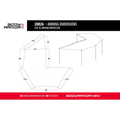 Body Armor 4x4 SKY RIDGE 270XL AWNING DRIVER SIDE WITH MOUNTING BRACKETS 20026