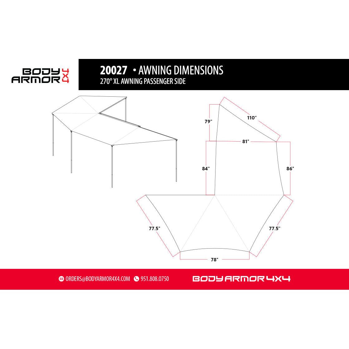 Body Armor 4x4 SKY RIDGE 270XL AWNING PASSENGER SIDE WITH MOUNTING BRACKETS 20027