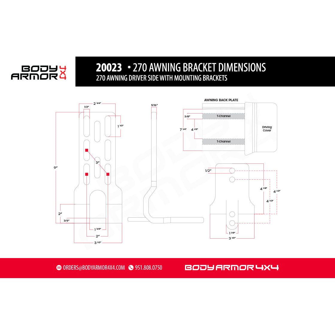 Body Armor 4x4 SKY RIDGE 270 AWNING DRIVER SIDE WITH MOUNTING BRACKETS 20023