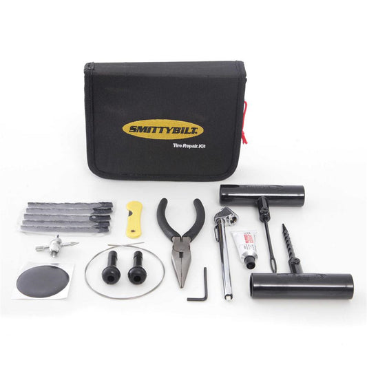 Smittybilt Tire Repair Kit Incl. Reamer Tire Plug Insertion Tool/Gauge/Repair Cords/2 Replacement Valve Stems/Wire For Sidewall Repairs/Needle Nose Pliers/Lubricant/Valve Core Tool I 2733