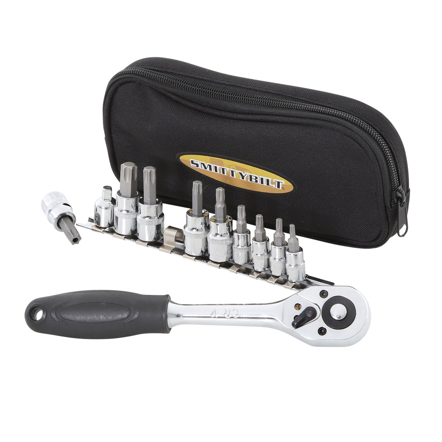 Smittybilt Torx Multi Tool 3/8 Ratchet w/9 Chrome Vanaduim Bits T15-T55 And T50 w/Nylon Carrying Case I 2830