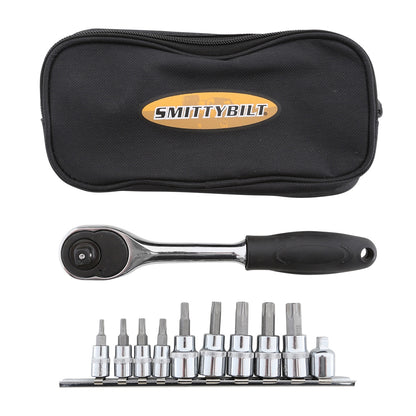 Smittybilt Torx Multi Tool 3/8 Ratchet w/9 Chrome Vanaduim Bits T15-T55 And T50 w/Nylon Carrying Case I 2830