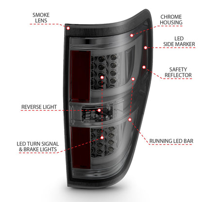 Anzo USA | LED Tail Light Assembly LED Red/Smoke Lens Black Housing Pair | Fits F-150 | 311258