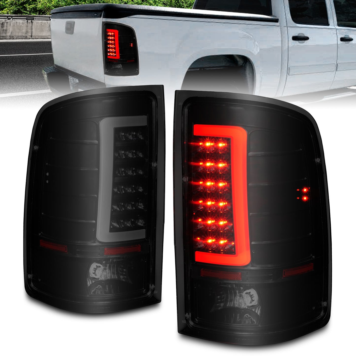 Anzo USA | LED Tail Light Assembly Smoke Lens Black Housing w/Light Bar Pair | Fits Sierra 1500 | 311389