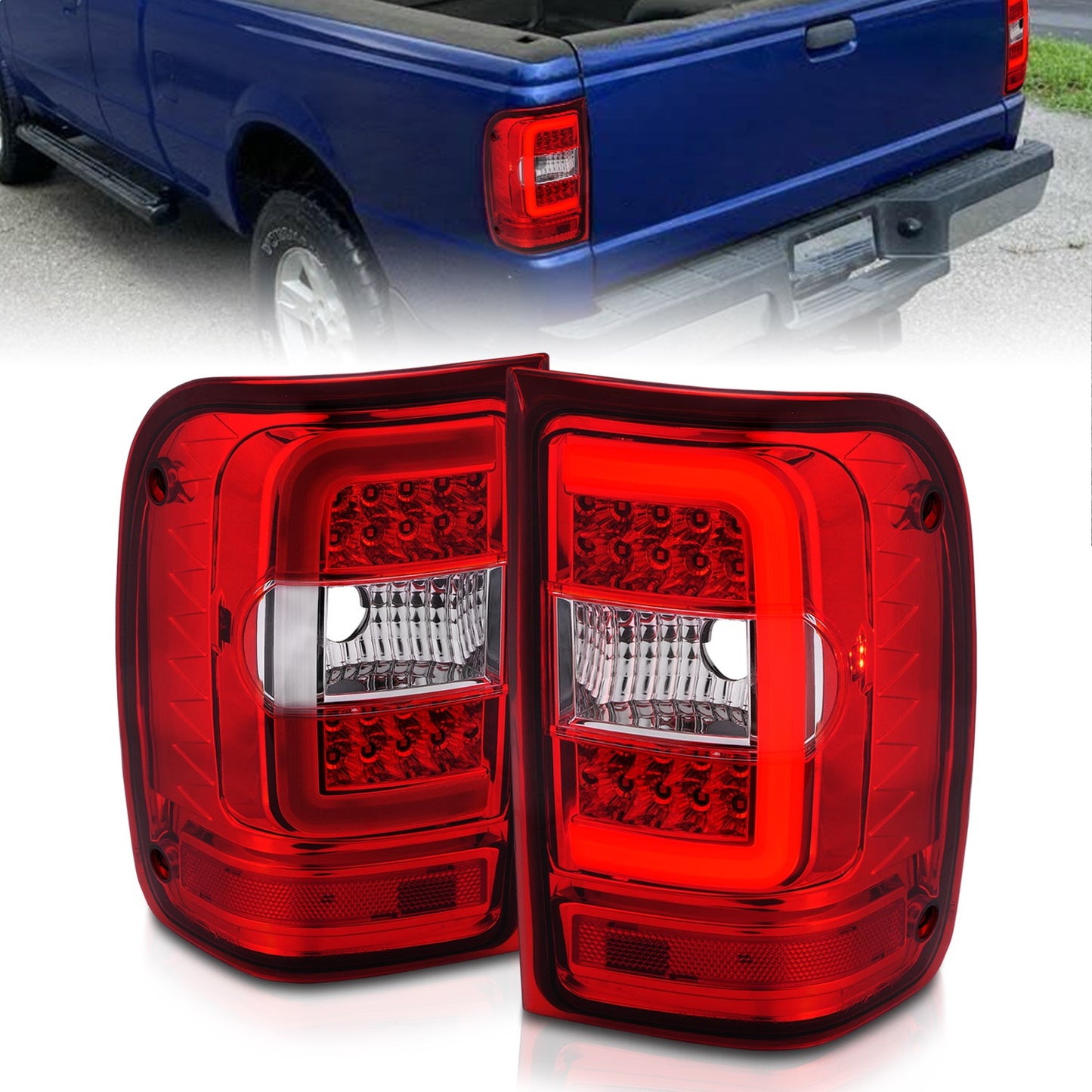 Anzo USA | LED Tail Light Assembly LED Clear/Red Lens Chrome Housing w/Light Bar Pair | Fits Ranger | 311393