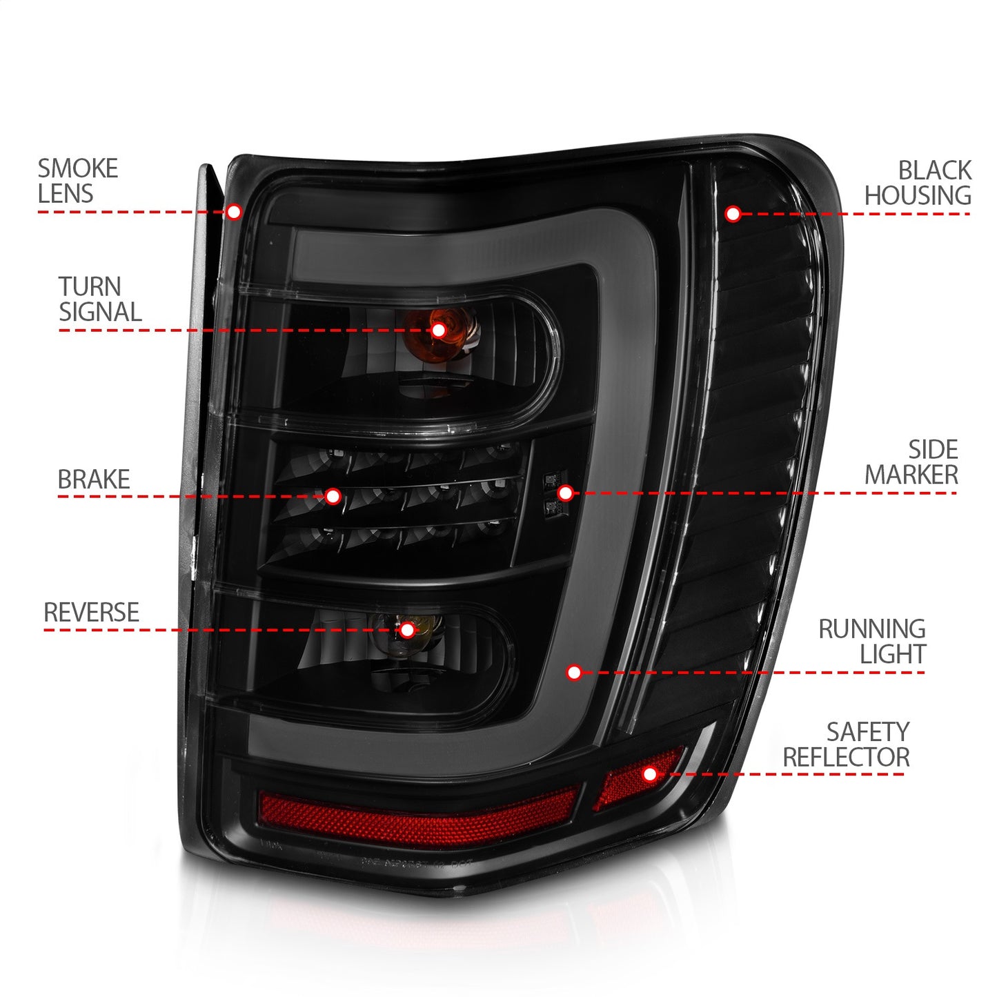 Anzo USA | LED Tail Light Assembly LED Smoke Lens Black Housing w/Light Bar Pair | Fits Grand Cherokee | 311395