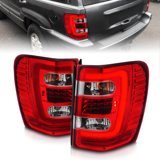 Anzo USA | LED Tail Light Assembly LED Clear/Red Lens Chrome Housing w/Light Bar Pair | Fits Grand Cherokee | 311396