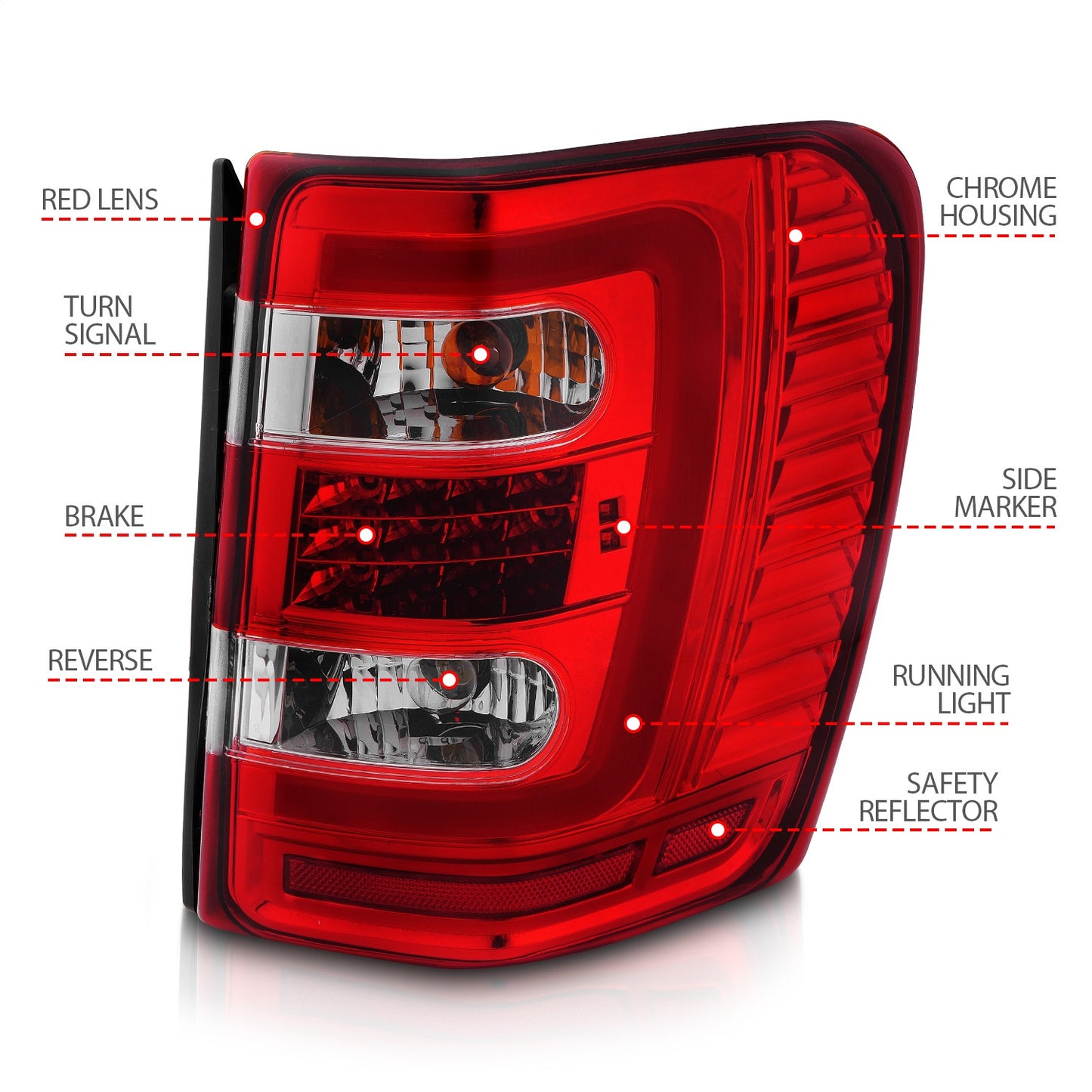 Anzo USA | LED Tail Light Assembly LED Clear/Red Lens Chrome Housing w/Light Bar Pair | Fits Grand Cherokee | 311396